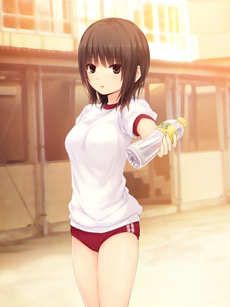 Anime picture 768x1024 with original coffee-kizoku single tall image looking at viewer short hair black hair brown eyes girl uniform gym uniform bottle