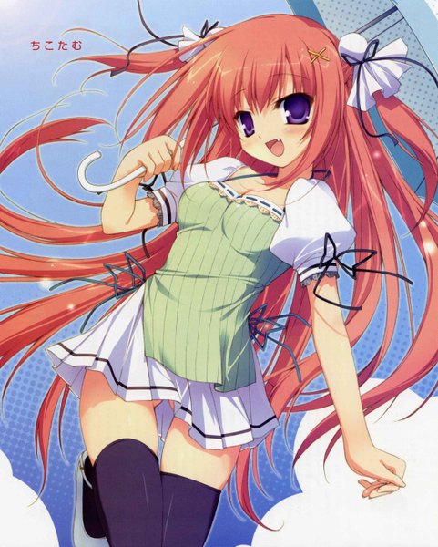 Anime picture 2172x2710 with akatsuki no goei nikaidou reika chikotam single long hair tall image blush highres open mouth light erotic purple eyes red hair very long hair scan two side up hieroglyph girl thighhighs hair ornament underwear