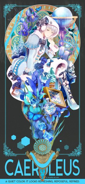 Anime picture 750x1625 with original yuu (arcadia) single tall image looking at viewer short hair white hair dark background white eyes girl dress flower (flowers) bow animal bird (birds) insect butterfly cap skull iris (flower)