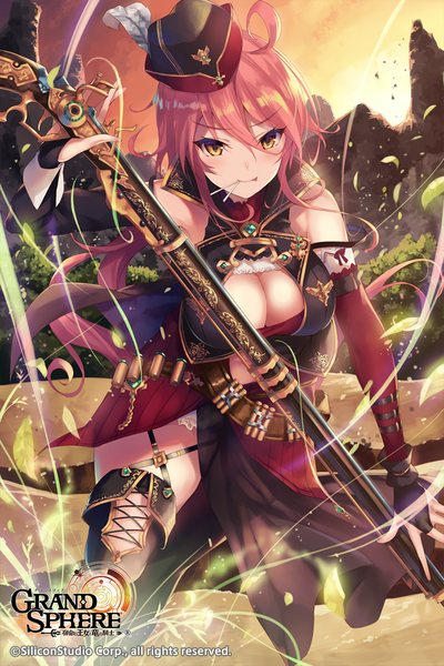 Anime picture 820x1230 with grand sphere fukai ryosuke single tall image looking at viewer blush fringe breasts light erotic hair between eyes brown eyes pink hair cleavage ahoge very long hair official art copyright name girl dress weapon