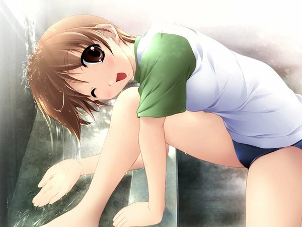 Anime picture 1024x768 with canvas (anime) nanashiro yuzu single looking at viewer short hair open mouth brown hair brown eyes :d one eye closed barefoot sunlight wet girl uniform water gym uniform