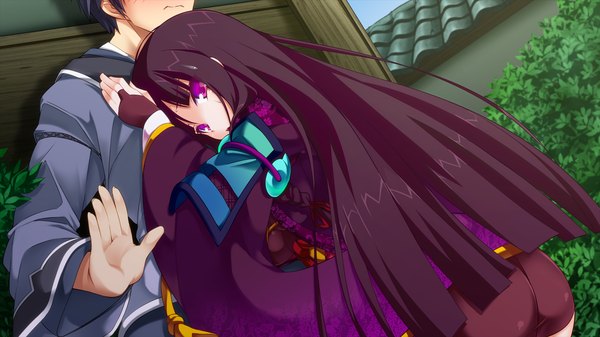 Anime picture 1280x720 with sengoku hime 4 long hair wide image purple eyes game cg purple hair traditional clothes girl boy