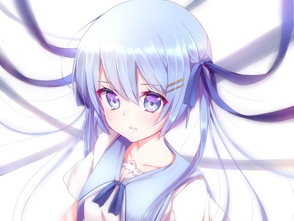 Anime picture 1600x1200 with vocaloid hatsune miku fuu (07199382) single long hair blush fringe simple background white background purple eyes twintails purple hair from above wind shiny skin portrait girl dress hair ornament ribbon (ribbons)