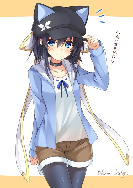 Anime picture 848x1200 with original rivier (kuzuyu) komori kuzuyu single tall image looking at viewer blush fringe short hair blue eyes black hair smile hair between eyes signed animal ears payot long sleeves cat ears text fake animal ears