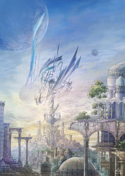 Anime picture 1358x1920 with original k kanehira tall image sky cloud (clouds) no people fantasy scenic futuristic plant (plants) tree (trees) building (buildings) planet