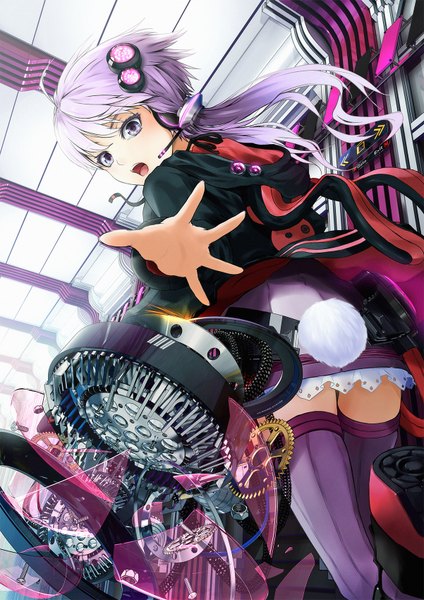 Anime picture 1202x1700 with vocaloid voice (vocaloid) yuzuki yukari ajigo single long hair tall image blush fringe open mouth twintails purple eyes purple hair ahoge tail long sleeves animal tail looking back teeth dutch angle