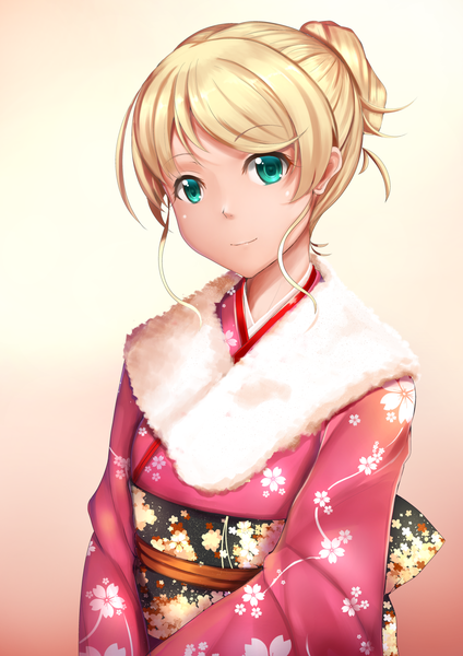 Anime picture 1240x1754 with new horizon ellen baker chiyo goya single tall image looking at viewer short hair blue eyes blonde hair traditional clothes japanese clothes light smile revision girl kimono obi fur-trimmed kimono