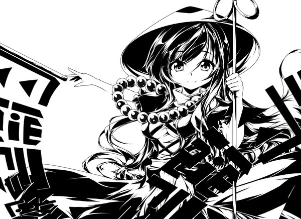 Anime picture 2339x1700 with touhou hijiri byakuren oushi single long hair looking at viewer fringe highres breasts simple background smile white background monochrome flat color girl hat staff beads prayer beads ajirogasa