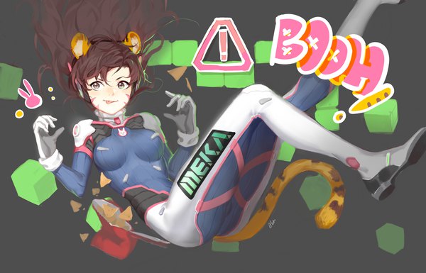 Anime picture 4724x3035 with overwatch blizzard entertainment d.va (overwatch) shuaiaba (earth-8) single long hair fringe highres breasts simple background hair between eyes brown hair signed animal ears looking away absurdres tail animal tail inscription grey background