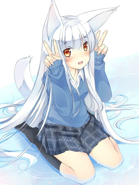 Anime picture 1200x1600 with original o daizen single long hair tall image looking at viewer blush open mouth animal ears white hair tail animal tail orange eyes girl skirt socks black socks sweater