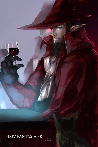 Anime picture 1511x2267 with original pixiv fantasia pixiv fantasia fallen kings swd3e2 single tall image looking at viewer red eyes signed pointy ears inscription glowing glowing eye (eyes) boy gloves hat animal black gloves cloak drink