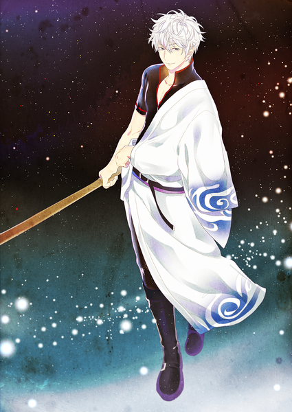 Anime picture 1064x1502 with gintama sunrise (studio) sakata gintoki keishi single tall image looking at viewer short hair holding white hair traditional clothes japanese clothes light smile off shoulder teeth grey eyes glowing walking boy weapon