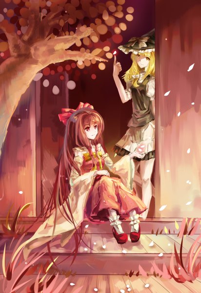 Anime picture 2031x2952 with touhou hakurei reimu kirisame marisa cathy inaba long hair tall image highres blonde hair smile red eyes brown hair standing sitting multiple girls yellow eyes traditional clothes miko girl skirt ribbon (ribbons)