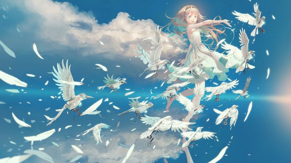 Anime picture 1920x1080 with original vofan single long hair highres open mouth blue eyes blonde hair wide image bare shoulders sky cloud (clouds) full body :d barefoot outstretched arm reflection running girl dress