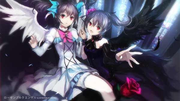 Anime picture 1890x1063 with idolmaster idolmaster cinderella girls kanzaki ranko swd3e2 long hair looking at viewer highres open mouth red eyes wide image twintails multiple girls grey hair watermark holding hands flying black wings white wings dual persona angel