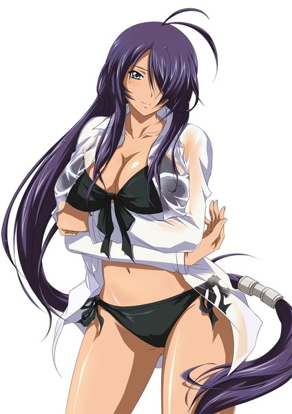 Anime picture 800x1131 with ikkitousen kanu unchou single tall image looking at viewer fringe breasts blue eyes light erotic simple background white background purple hair very long hair hair over one eye wet clothes girl swimsuit bikini black bikini