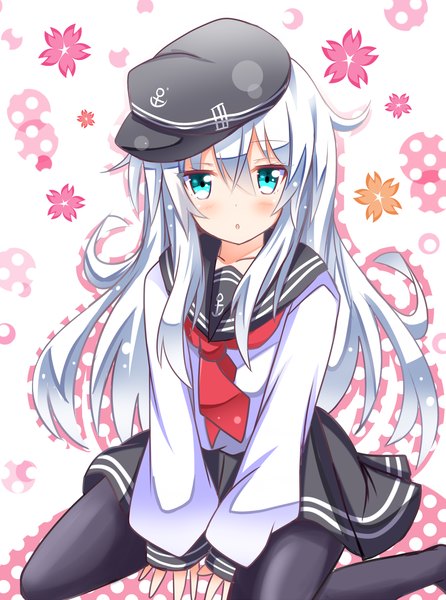 Anime picture 1004x1350 with kantai collection hibiki destroyer shineka single long hair tall image looking at viewer blue eyes white hair girl flower (flowers) sailor suit flat cap anchor symbol