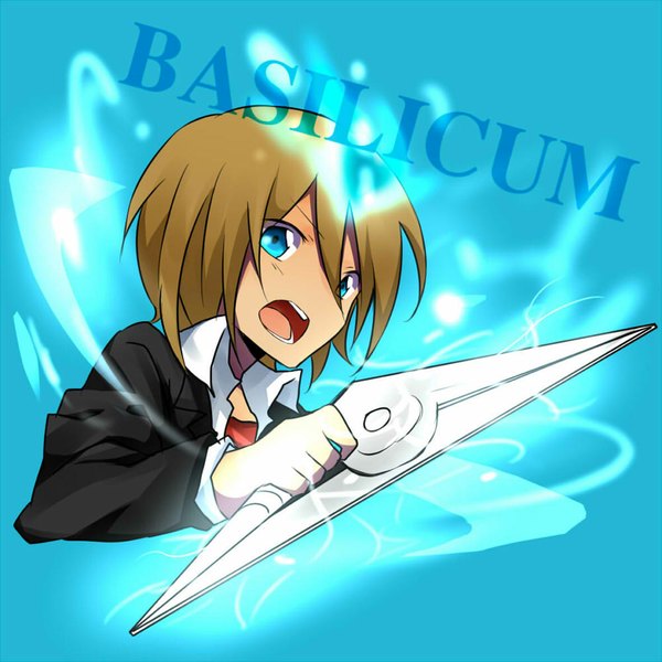 Anime picture 1000x1000 with katekyou hitman reborn basilicum matsurinnu single looking at viewer short hair open mouth blue eyes simple background brown hair inscription blue background boy weapon flame