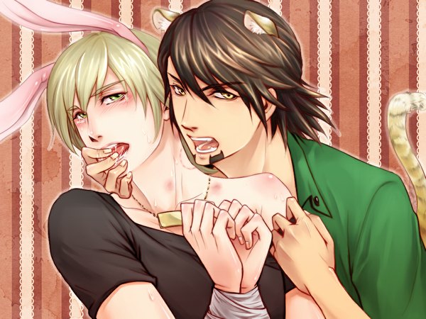 Anime picture 1024x768 with tiger & bunny sunrise (studio) kaburagi t. kotetsu barnaby brooks jr. v-sil looking at viewer blush short hair open mouth blonde hair brown hair green eyes animal ears yellow eyes teeth fang (fangs) bunny ears finger to mouth striped body blush
