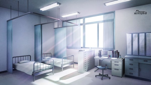 Anime picture 1280x720 with original mitsuki wide image sunlight shadow no people sunbeam window pillow bed chair table lamp computer school jalousie office chair folder