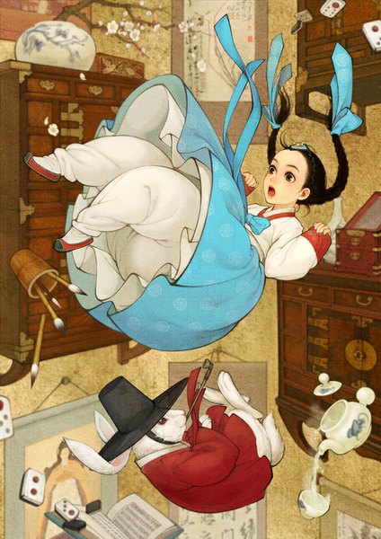 Anime picture 620x877 with alice in wonderland alice (wonderland) white rabbit obsidian single long hair tall image open mouth black hair brown eyes braid (braids) traditional clothes twin braids falling korean clothes girl ribbon (ribbons) hair ribbon hat animal