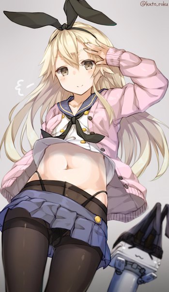 Anime picture 2384x4096 with kantai collection shimakaze destroyer rensouhou-chan katoroku single long hair tall image looking at viewer blush fringe highres light erotic simple background blonde hair hair between eyes signed yellow eyes pleated skirt light smile grey background