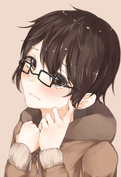 Anime picture 1300x1900 with original hplay (kyoshinou) single tall image blush fringe short hair black hair simple background brown eyes upper body girl glasses clothes