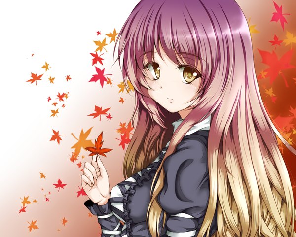 Anime picture 1200x962 with touhou hijiri byakuren atami (artist) long hair brown hair yellow eyes purple hair multicolored hair girl leaf (leaves)