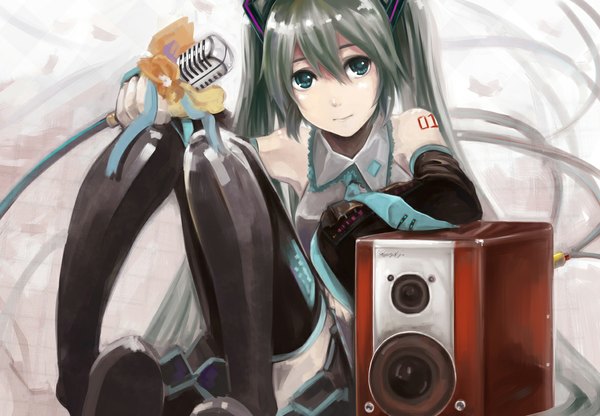 Anime picture 1181x819 with vocaloid hatsune miku yuuutsu (artist) single long hair twintails aqua eyes aqua hair girl detached sleeves necktie microphone speakers