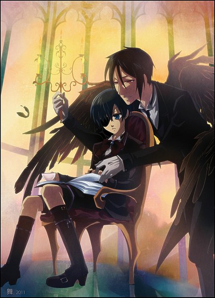 Anime picture 1000x1381 with kuroshitsuji a-1 pictures sebastian michaelis ciel phantomhive tall image short hair blue eyes black hair red eyes sitting multiple boys black wings butler boy gloves wings necktie boots bowtie book (books)