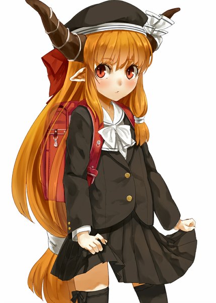 Anime picture 800x1119 with touhou ibuki suika nishiuri (artist) single tall image blush simple background blonde hair red eyes white background looking away very long hair pleated skirt horn (horns) pointy ears alternate costume girl thighhighs skirt uniform