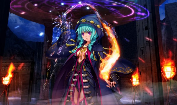 Anime picture 1689x1000 with original mutsuki (moonknives) single long hair open mouth wide image purple eyes blue hair braid (braids) twin braids magic girl dress water fire magic circle torch