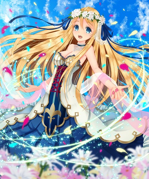 Anime picture 1000x1200 with original uka (artist) single long hair tall image blush open mouth blue eyes blonde hair sky cloud (clouds) girl dress flower (flowers) petals wreath shawl