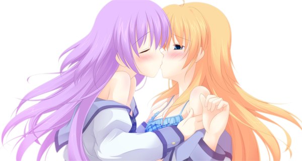 Anime picture 1500x800 with angel beats! key (studio) sekine shiori irie (angel beats!) aqwiz (artist) long hair blush highres blue eyes light erotic simple background blonde hair wide image white background multiple girls purple hair eyes closed shoujo ai kiss girl