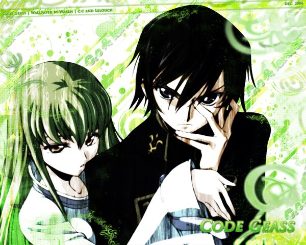 Anime picture 1280x1024 with code geass sunrise (studio) c.c. lelouch lamperouge long hair fringe short hair black hair hair between eyes payot looking away upper body green hair wide sleeves copyright name hand on face green background girl boy