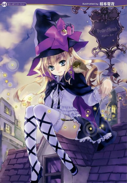 Anime picture 2913x4188 with kuramoto kaya single tall image highres blue eyes witch girl thighhighs skirt bow hat animal white thighhighs bird (birds) star (symbol) cloak witch hat wand roof owl