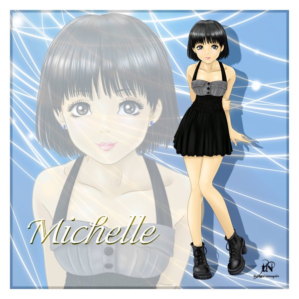 Anime picture 3000x3000 with original thenightwishmaster single looking at viewer highres short hair black hair signed light smile lips black eyes legs character names framed zoom layer girl dress earrings boots black dress