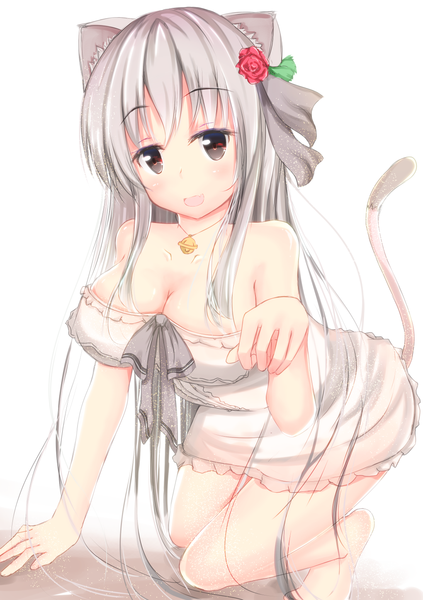 Anime picture 1020x1447 with original shirotaso0818 single long hair tall image blush breasts open mouth light erotic large breasts bare shoulders brown eyes animal ears silver hair cat ears cat girl cat tail girl dress bell