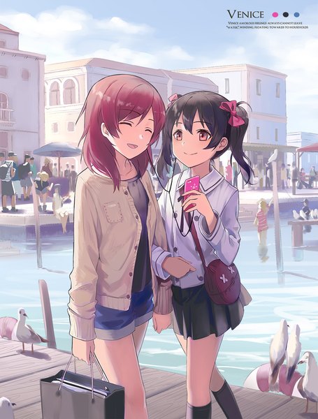 Anime picture 834x1100 with love live! school idol project sunrise (studio) love live! nishikino maki yazawa nico huanxiang heitu long hair tall image fringe short hair open mouth black hair smile hair between eyes red eyes twintails multiple girls sky cloud (clouds) outdoors