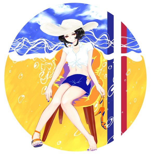 Anime picture 1200x1240 with original orangina korarako single tall image looking at viewer short hair black hair sitting sky cloud (clouds) nail polish barefoot light smile knees touching blue nail polish toenail polish flag print france girl