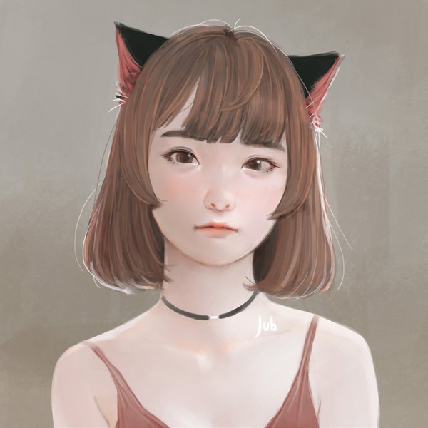 Anime picture 3453x3453 with original hana (jubi) jubi (regiana) single looking at viewer fringe highres short hair simple background brown hair bare shoulders brown eyes signed animal ears absurdres blunt bangs cat ears realistic portrait alternate hairstyle