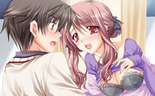Anime picture 1024x640 with hatsukoi yohou (game) blush short hair breasts open mouth light erotic black hair brown hair wide image brown eyes game cg girl boy