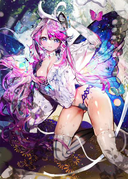 Anime picture 600x840 with qurare: magic library crab d long hair tall image looking at viewer breasts blue eyes light erotic large breasts standing pink hair kneeling shiny shiny clothes insect wings butterfly wings girl thighhighs hair ornament ribbon (ribbons)