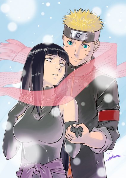 Anime picture 1488x2105 with naruto studio pierrot naruto (series) uzumaki naruto hyuuga hinata long hair tall image short hair breasts black hair blonde hair large breasts bare shoulders signed payot looking away sky blunt bangs parted lips head tilt
