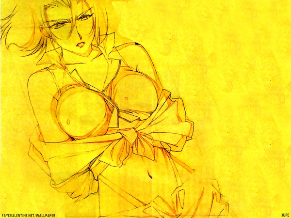 Anime picture 1280x960 with cowboy bebop sunrise (studio) faye valentine single short hair light erotic bare shoulders wallpaper monochrome yellow background girl navel