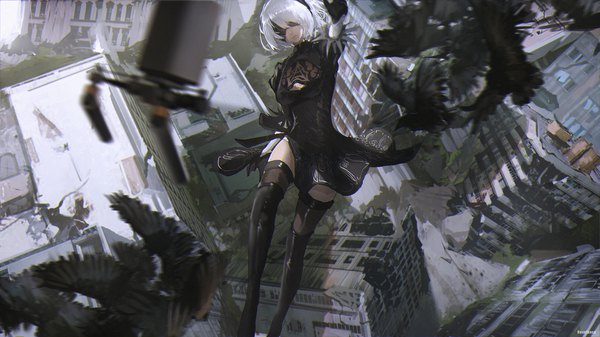 Anime picture 1920x1080 with nier nier:automata yorha no. 2 type b pod (nier:automata) novelance highres short hair wide image silver hair mole zettai ryouiki puffy sleeves cleavage cutout outstretched hand mole under mouth falling blindfold girl thighhighs dress