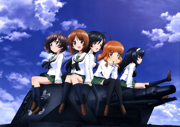 Anime picture 4081x2895 with girls und panzer nishizumi miho akiyama yukari takebe saori reizei mako isuzu hana long hair blush highres short hair open mouth black hair brown hair multiple girls brown eyes absurdres sky cloud (clouds) scan official art