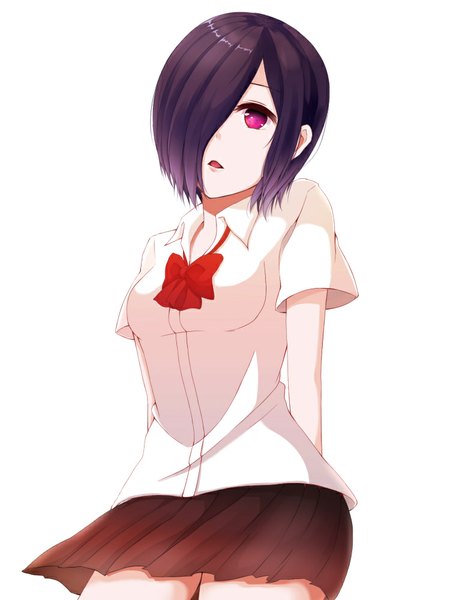 Anime picture 760x1000 with tokyo ghoul studio pierrot kirishima touka harunire single tall image looking at viewer fringe short hair breasts open mouth simple background standing white background purple eyes purple hair pleated skirt hair over one eye girl skirt