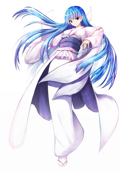 Anime picture 1411x2000 with original iori (cpeilad) single long hair tall image looking at viewer red eyes white background blue hair traditional clothes japanese clothes girl kimono obi