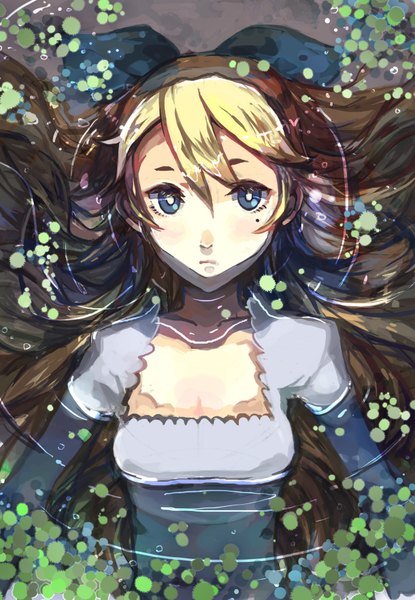 Anime picture 1220x1764 with alice in wonderland alice (wonderland) shadowsinking single long hair tall image looking at viewer blush blue eyes blonde hair mole mole under eye girl dress bow hair bow water